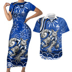 Personalized North Melbourne Kangaroos Footy Mascot Couples Matching Short Sleeve Bodycon Dress and Hawaiian Shirt Aboriginal Dot Art - Dreamtime Football Mascot