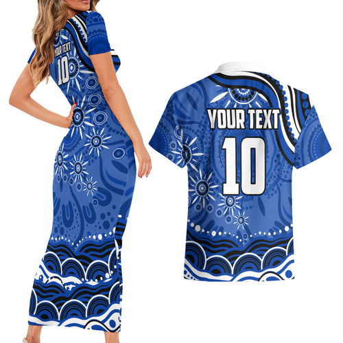Personalized North Melbourne Kangaroos Footy Mascot Couples Matching Short Sleeve Bodycon Dress and Hawaiian Shirt Aboriginal Dot Art - Dreamtime Football Mascot