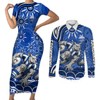 Personalized North Melbourne Kangaroos Footy Mascot Couples Matching Short Sleeve Bodycon Dress and Long Sleeve Button Shirt Aboriginal Dot Art - Dreamtime Football Mascot