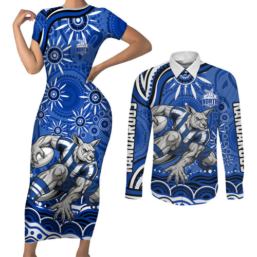 Personalized North Melbourne Kangaroos Footy Mascot Couples Matching Short Sleeve Bodycon Dress and Long Sleeve Button Shirt Aboriginal Dot Art - Dreamtime Football Mascot