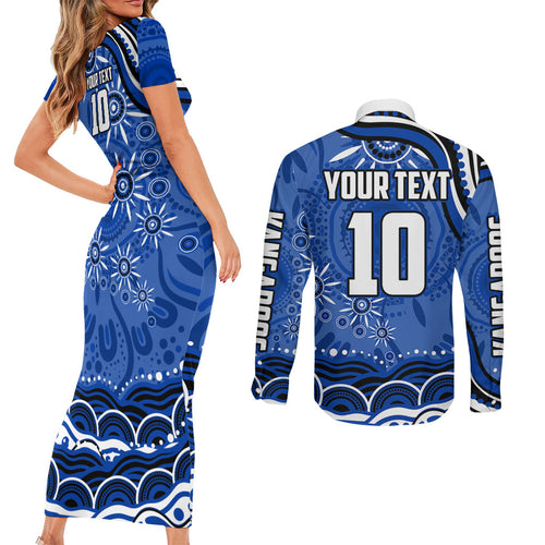 Personalized North Melbourne Kangaroos Footy Mascot Couples Matching Short Sleeve Bodycon Dress and Long Sleeve Button Shirt Aboriginal Dot Art - Dreamtime Football Mascot