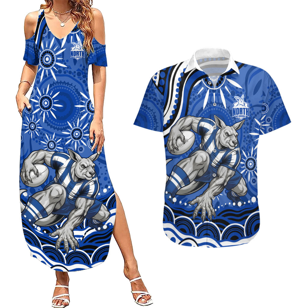 Personalized North Melbourne Kangaroos Footy Mascot Couples Matching Summer Maxi Dress and Hawaiian Shirt Aboriginal Dot Art - Dreamtime Football Mascot
