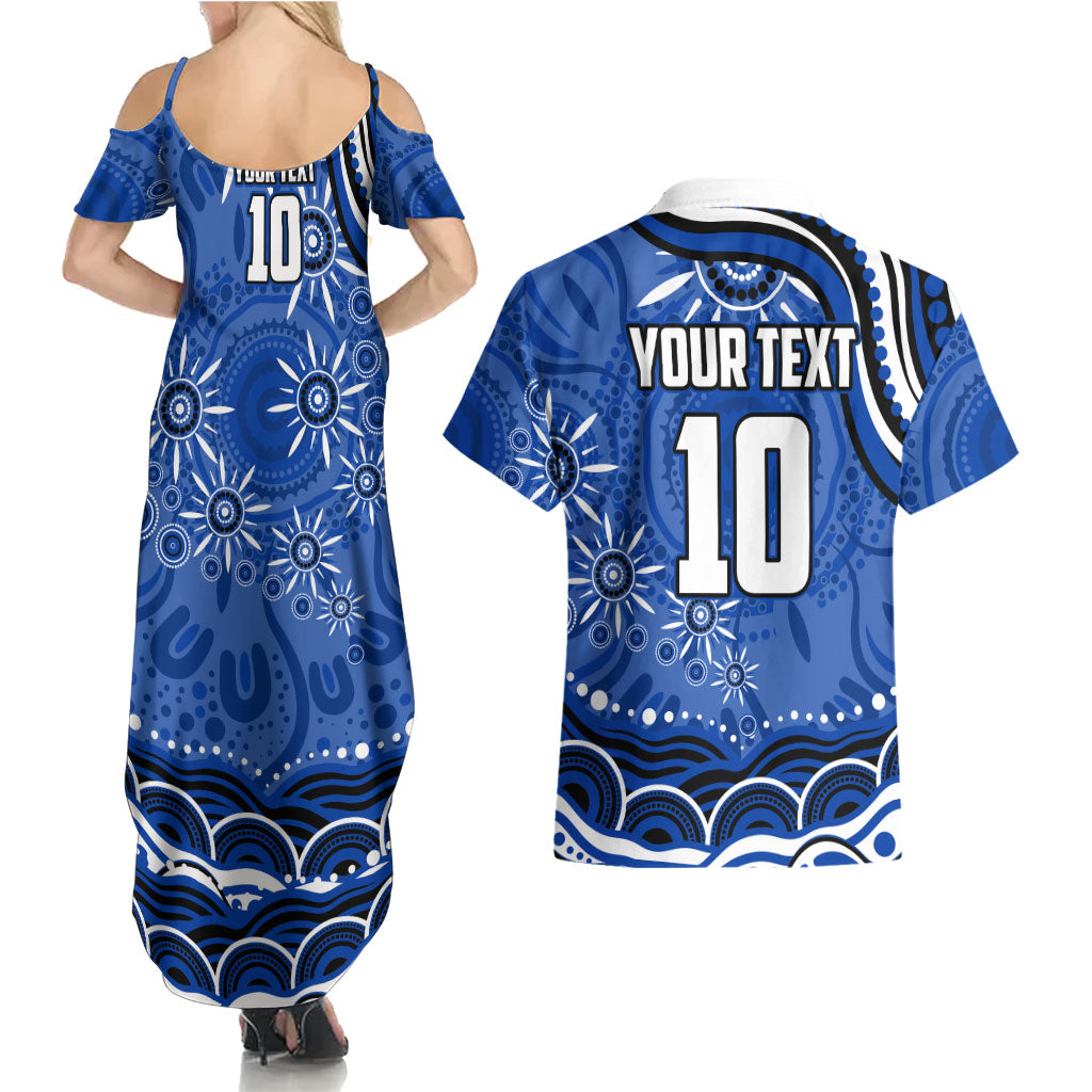 Personalized North Melbourne Kangaroos Footy Mascot Couples Matching Summer Maxi Dress and Hawaiian Shirt Aboriginal Dot Art - Dreamtime Football Mascot