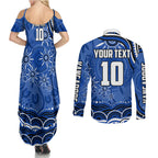 Personalized North Melbourne Kangaroos Footy Mascot Couples Matching Summer Maxi Dress and Long Sleeve Button Shirt Aboriginal Dot Art - Dreamtime Football Mascot