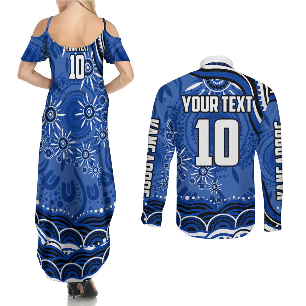 Personalized North Melbourne Kangaroos Footy Mascot Couples Matching Summer Maxi Dress and Long Sleeve Button Shirt Aboriginal Dot Art - Dreamtime Football Mascot