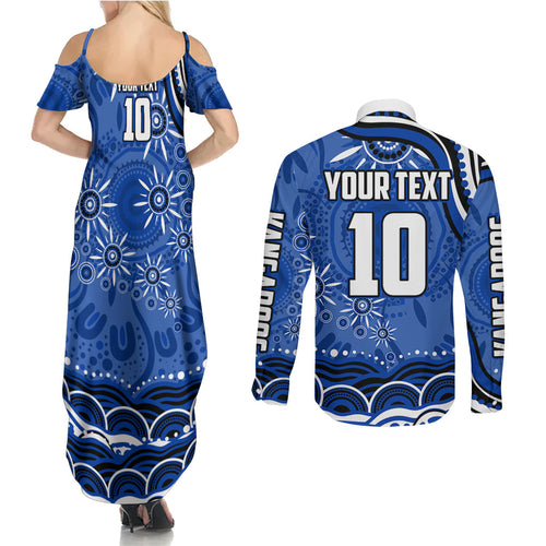 Personalized North Melbourne Kangaroos Footy Mascot Couples Matching Summer Maxi Dress and Long Sleeve Button Shirt Aboriginal Dot Art - Dreamtime Football Mascot