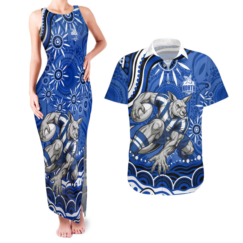 Personalized North Melbourne Kangaroos Footy Mascot Couples Matching Tank Maxi Dress and Hawaiian Shirt Aboriginal Dot Art - Dreamtime Football Mascot