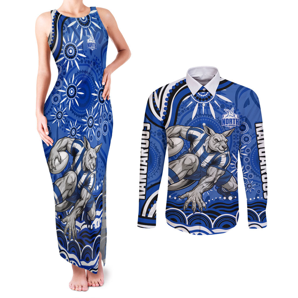 Personalized North Melbourne Kangaroos Footy Mascot Couples Matching Tank Maxi Dress and Long Sleeve Button Shirt Aboriginal Dot Art - Dreamtime Football Mascot