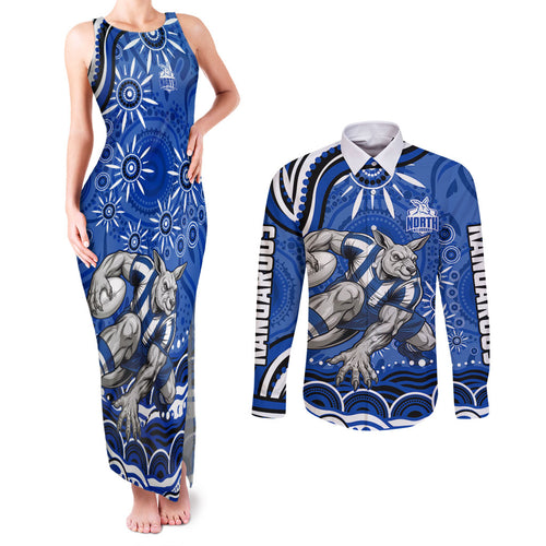 Personalized North Melbourne Kangaroos Footy Mascot Couples Matching Tank Maxi Dress and Long Sleeve Button Shirt Aboriginal Dot Art - Dreamtime Football Mascot
