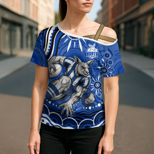 Personalized North Melbourne Kangaroos Footy Mascot Cross Shoulder Shirt Aboriginal Dot Art - Dreamtime Football Mascot