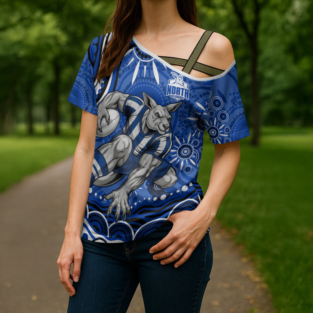 Personalized North Melbourne Kangaroos Footy Mascot Cross Shoulder Shirt Aboriginal Dot Art - Dreamtime Football Mascot