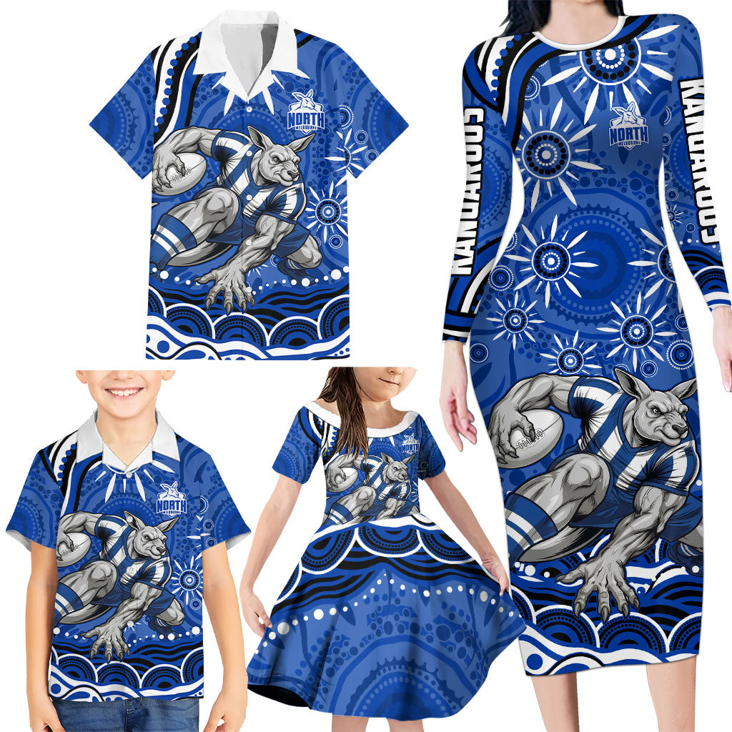 Personalized North Melbourne Kangaroos Footy Mascot Family Matching Long Sleeve Bodycon Dress and Hawaiian Shirt Aboriginal Dot Art - Dreamtime Football Mascot