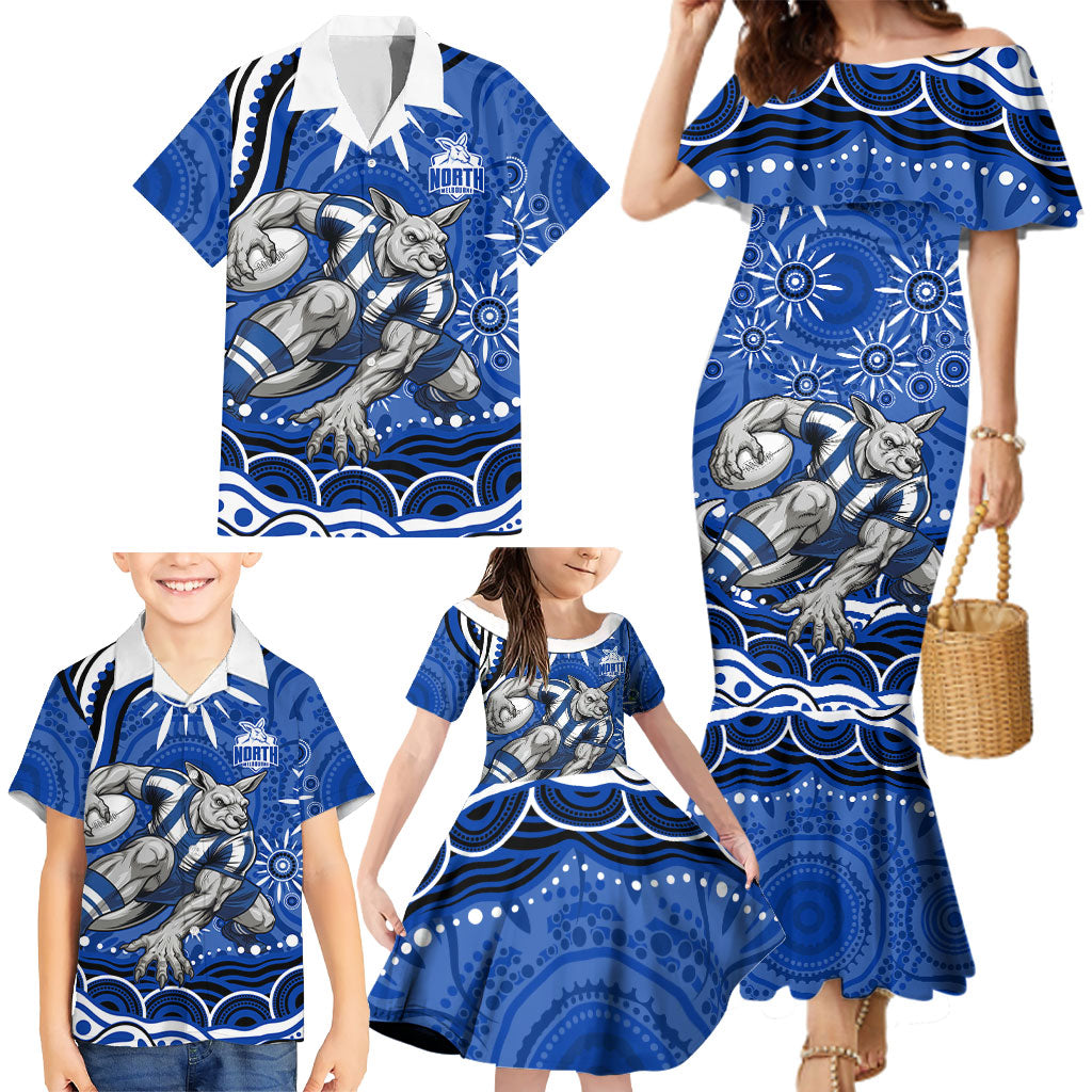 Personalized North Melbourne Kangaroos Footy Mascot Family Matching Mermaid Dress and Hawaiian Shirt Aboriginal Dot Art - Dreamtime Football Mascot