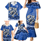 Personalized North Melbourne Kangaroos Footy Mascot Family Matching Mermaid Dress and Hawaiian Shirt Aboriginal Dot Art - Dreamtime Football Mascot