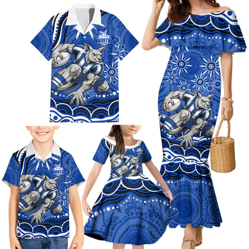 Personalized North Melbourne Kangaroos Footy Mascot Family Matching Mermaid Dress and Hawaiian Shirt Aboriginal Dot Art - Dreamtime Football Mascot