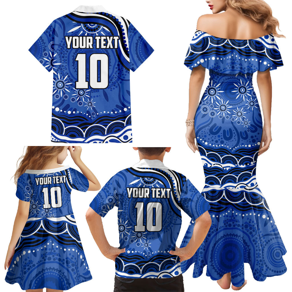 Personalized North Melbourne Kangaroos Footy Mascot Family Matching Mermaid Dress and Hawaiian Shirt Aboriginal Dot Art - Dreamtime Football Mascot