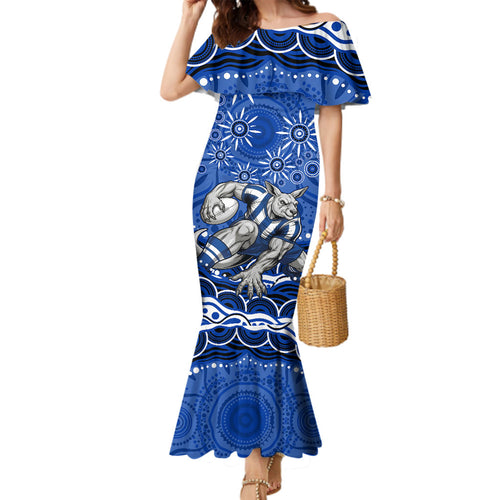 Personalized North Melbourne Kangaroos Footy Mascot Family Matching Mermaid Dress and Hawaiian Shirt Aboriginal Dot Art - Dreamtime Football Mascot