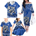 Personalized North Melbourne Kangaroos Footy Mascot Family Matching Off The Shoulder Long Sleeve Dress and Hawaiian Shirt Aboriginal Dot Art - Dreamtime Football Mascot