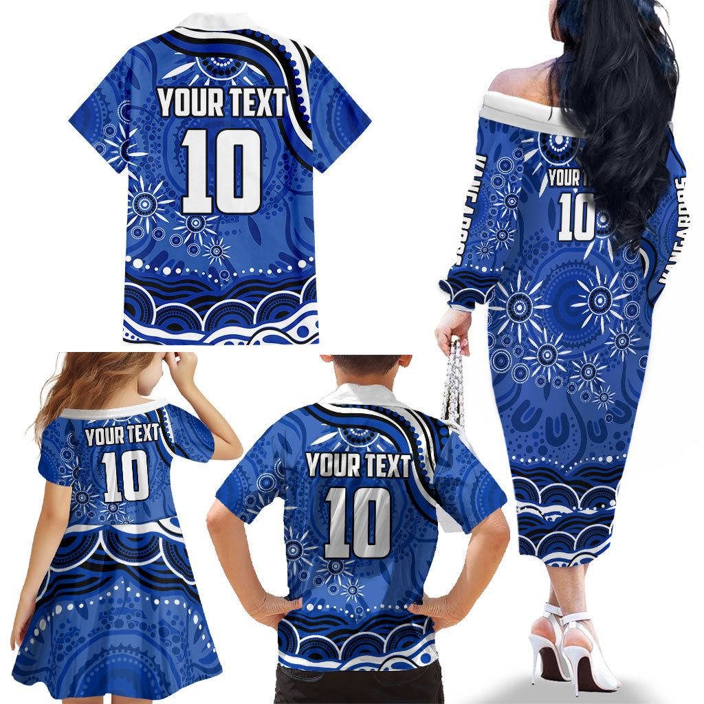 Personalized North Melbourne Kangaroos Footy Mascot Family Matching Off The Shoulder Long Sleeve Dress and Hawaiian Shirt Aboriginal Dot Art - Dreamtime Football Mascot
