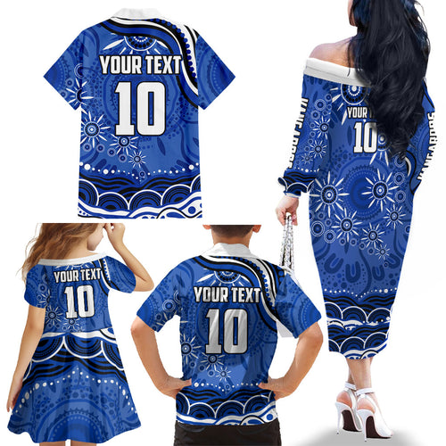Personalized North Melbourne Kangaroos Footy Mascot Family Matching Off The Shoulder Long Sleeve Dress and Hawaiian Shirt Aboriginal Dot Art - Dreamtime Football Mascot