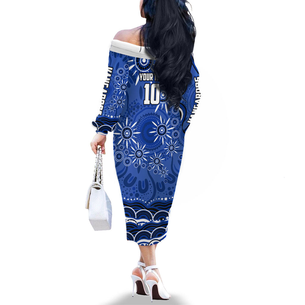 Personalized North Melbourne Kangaroos Footy Mascot Family Matching Off The Shoulder Long Sleeve Dress and Hawaiian Shirt Aboriginal Dot Art - Dreamtime Football Mascot