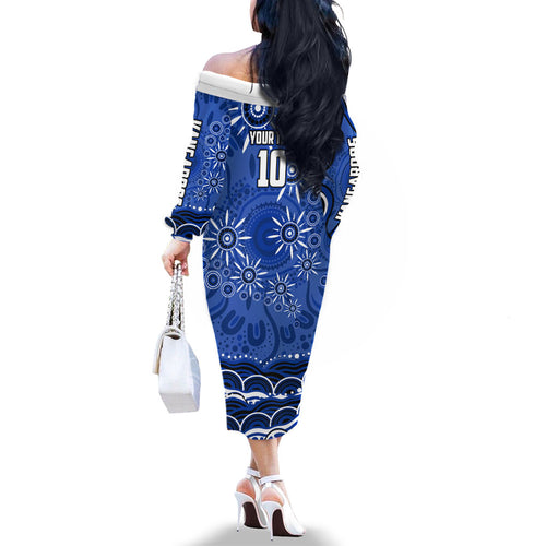 Personalized North Melbourne Kangaroos Footy Mascot Family Matching Off The Shoulder Long Sleeve Dress and Hawaiian Shirt Aboriginal Dot Art - Dreamtime Football Mascot