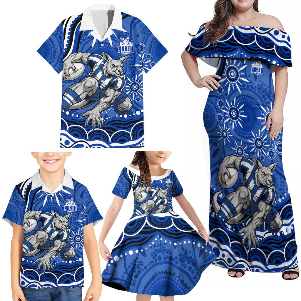 Personalized North Melbourne Kangaroos Footy Mascot Family Matching Off Shoulder Maxi Dress and Hawaiian Shirt Aboriginal Dot Art - Dreamtime Football Mascot
