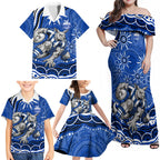 Personalized North Melbourne Kangaroos Footy Mascot Family Matching Off Shoulder Maxi Dress and Hawaiian Shirt Aboriginal Dot Art - Dreamtime Football Mascot