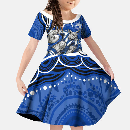 Personalized North Melbourne Kangaroos Footy Mascot Family Matching Off Shoulder Maxi Dress and Hawaiian Shirt Aboriginal Dot Art - Dreamtime Football Mascot