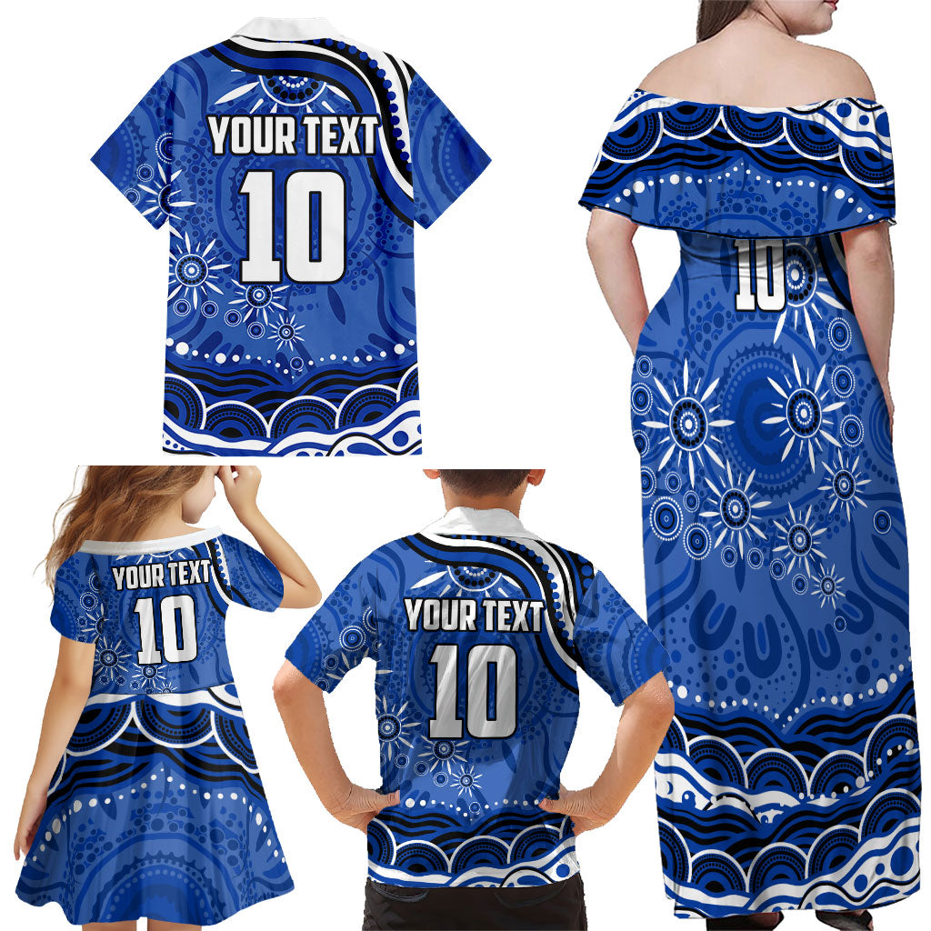 Personalized North Melbourne Kangaroos Footy Mascot Family Matching Off Shoulder Maxi Dress and Hawaiian Shirt Aboriginal Dot Art - Dreamtime Football Mascot