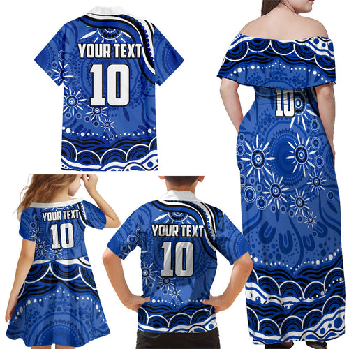 Personalized North Melbourne Kangaroos Footy Mascot Family Matching Off Shoulder Maxi Dress and Hawaiian Shirt Aboriginal Dot Art - Dreamtime Football Mascot