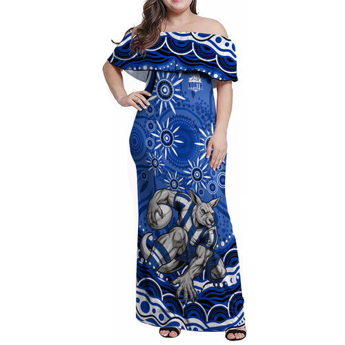 Personalized North Melbourne Kangaroos Footy Mascot Family Matching Off Shoulder Maxi Dress and Hawaiian Shirt Aboriginal Dot Art - Dreamtime Football Mascot