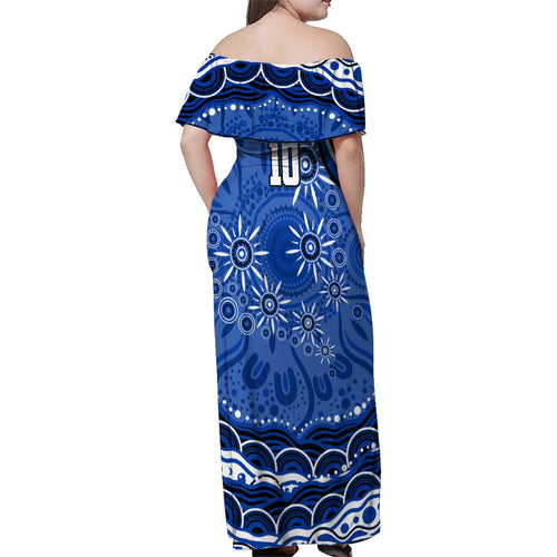 Personalized North Melbourne Kangaroos Footy Mascot Family Matching Off Shoulder Maxi Dress and Hawaiian Shirt Aboriginal Dot Art - Dreamtime Football Mascot