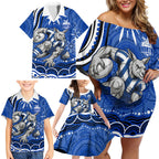 Personalized North Melbourne Kangaroos Footy Mascot Family Matching Off Shoulder Short Dress and Hawaiian Shirt Aboriginal Dot Art - Dreamtime Football Mascot