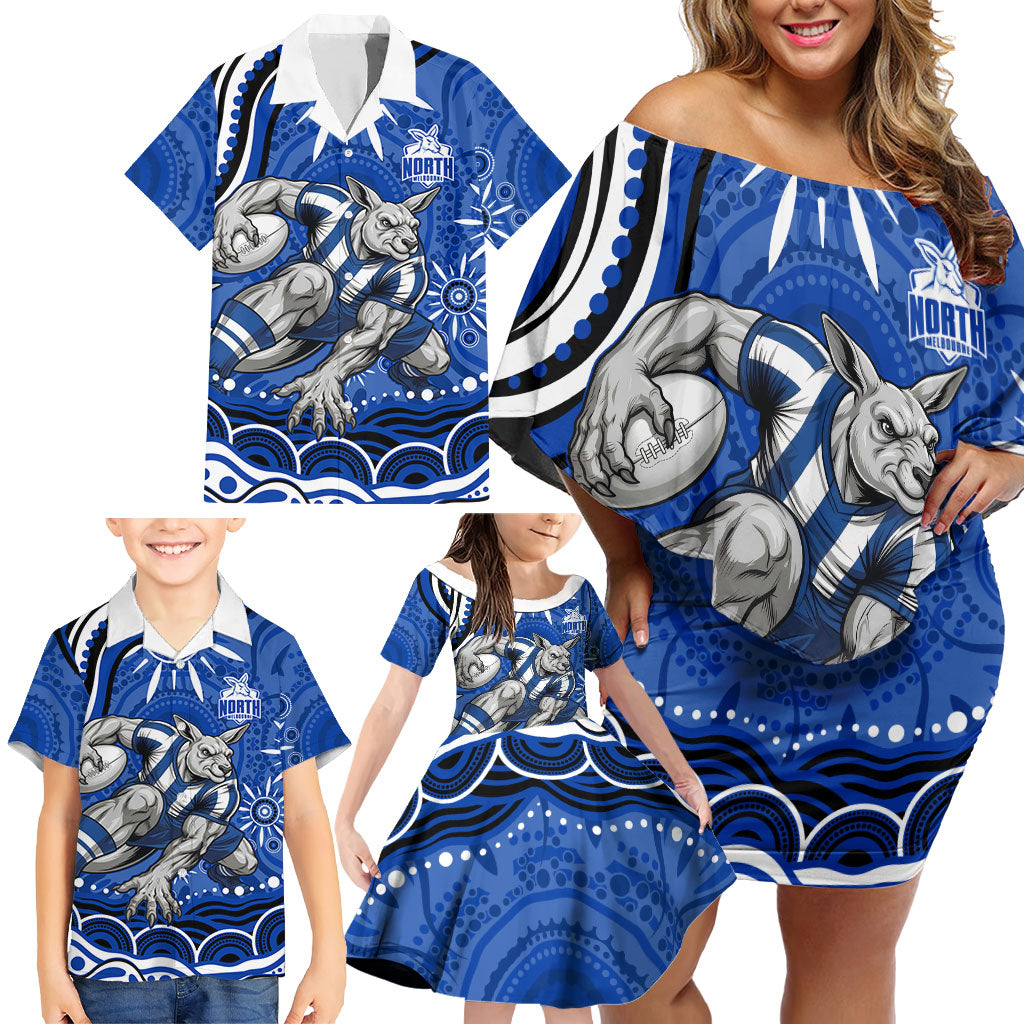 Personalized North Melbourne Kangaroos Footy Mascot Family Matching Off Shoulder Short Dress and Hawaiian Shirt Aboriginal Dot Art - Dreamtime Football Mascot