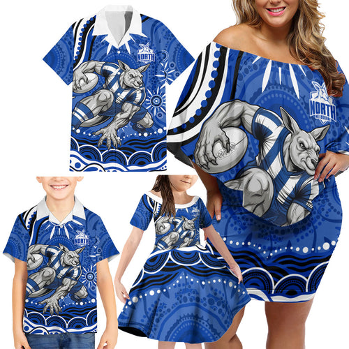 Personalized North Melbourne Kangaroos Footy Mascot Family Matching Off Shoulder Short Dress and Hawaiian Shirt Aboriginal Dot Art - Dreamtime Football Mascot