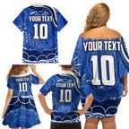 Personalized North Melbourne Kangaroos Footy Mascot Family Matching Off Shoulder Short Dress and Hawaiian Shirt Aboriginal Dot Art - Dreamtime Football Mascot
