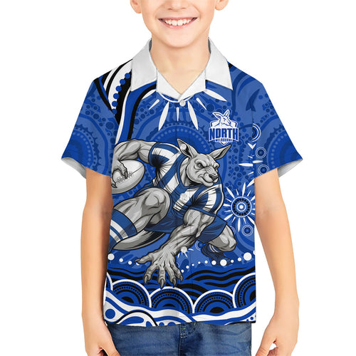 Personalized North Melbourne Kangaroos Footy Mascot Family Matching Off Shoulder Short Dress and Hawaiian Shirt Aboriginal Dot Art - Dreamtime Football Mascot