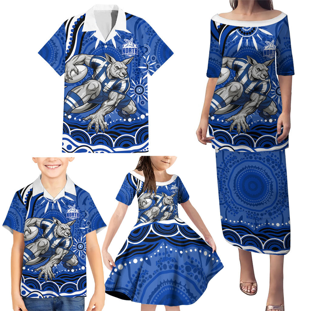 Personalized North Melbourne Kangaroos Footy Mascot Family Matching Puletasi and Hawaiian Shirt Aboriginal Dot Art - Dreamtime Football Mascot