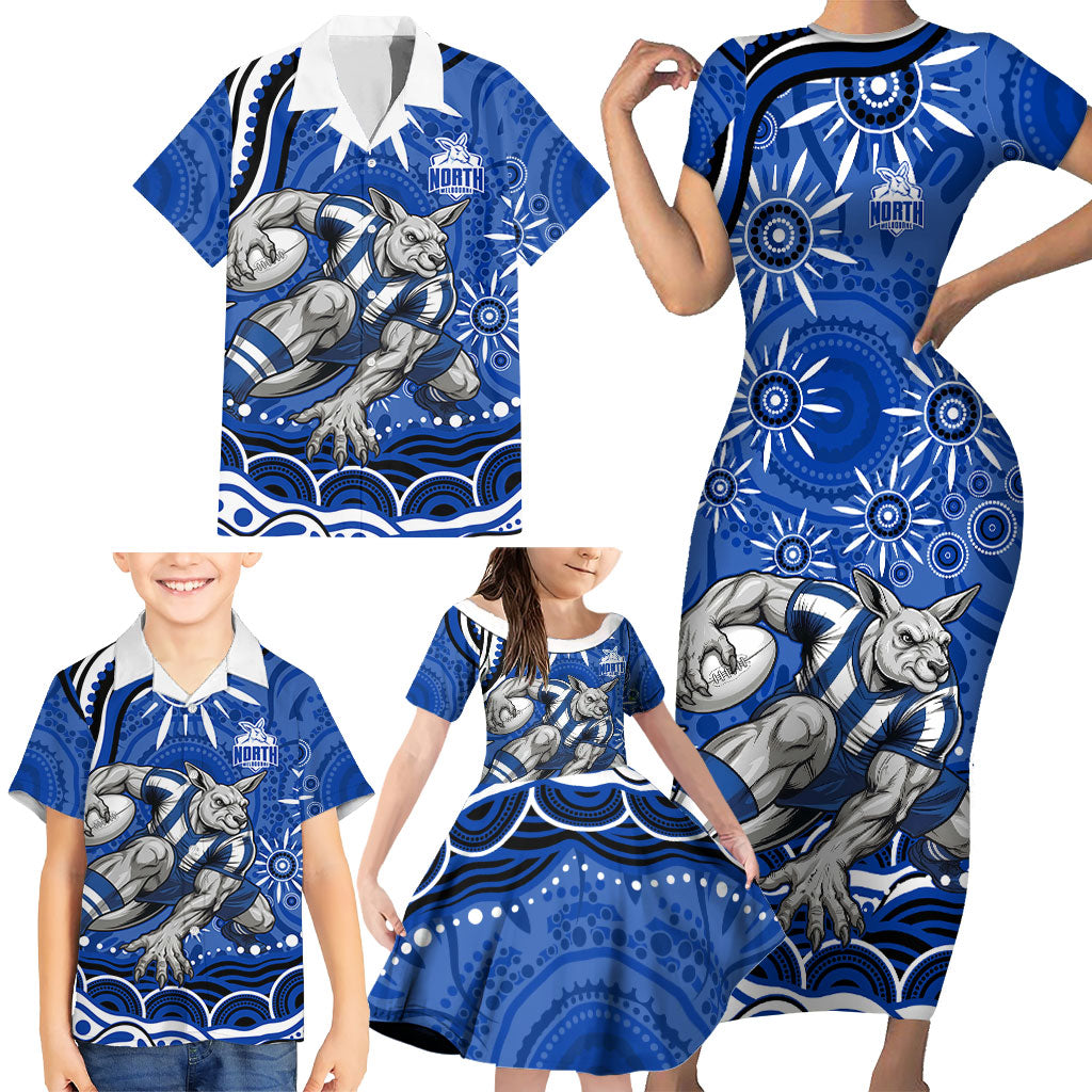 Personalized North Melbourne Kangaroos Footy Mascot Family Matching Short Sleeve Bodycon Dress and Hawaiian Shirt Aboriginal Dot Art - Dreamtime Football Mascot