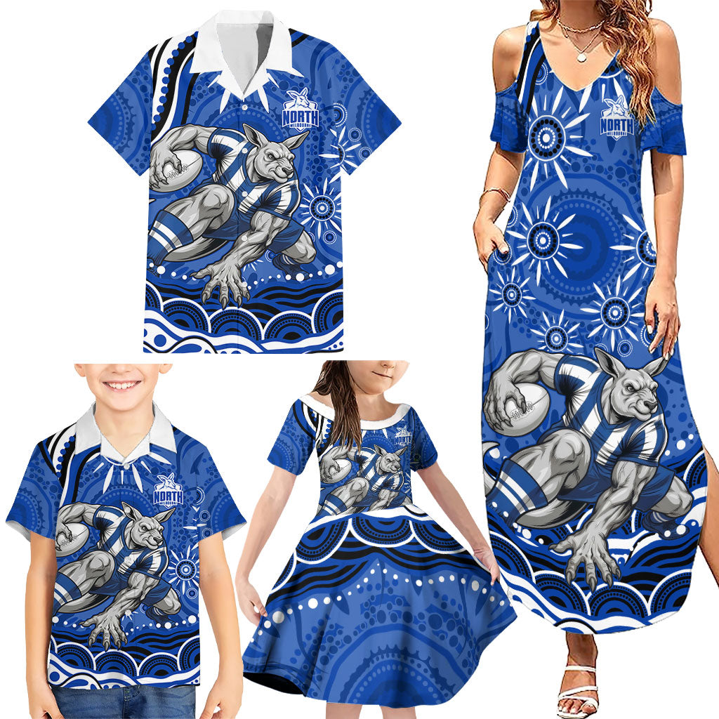 Personalized North Melbourne Kangaroos Footy Mascot Family Matching Summer Maxi Dress and Hawaiian Shirt Aboriginal Dot Art - Dreamtime Football Mascot