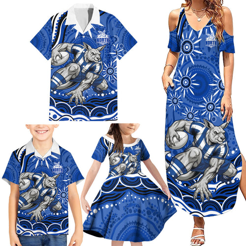 Personalized North Melbourne Kangaroos Footy Mascot Family Matching Summer Maxi Dress and Hawaiian Shirt Aboriginal Dot Art - Dreamtime Football Mascot