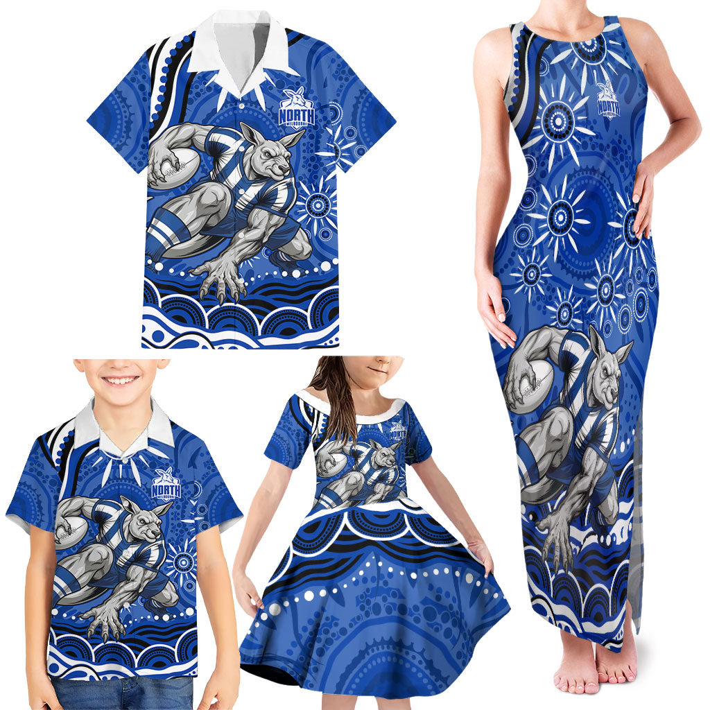 Personalized North Melbourne Kangaroos Footy Mascot Family Matching Tank Maxi Dress and Hawaiian Shirt Aboriginal Dot Art - Dreamtime Football Mascot