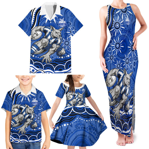 Personalized North Melbourne Kangaroos Footy Mascot Family Matching Tank Maxi Dress and Hawaiian Shirt Aboriginal Dot Art - Dreamtime Football Mascot