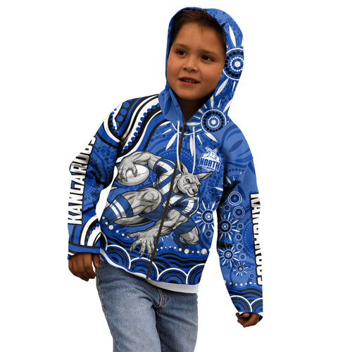 Personalized North Melbourne Kangaroos Footy Mascot Kid Hoodie Aboriginal Dot Art - Dreamtime Football Mascot