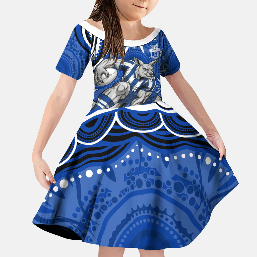 Personalized North Melbourne Kangaroos Footy Mascot Kid Short Sleeve Dress Aboriginal Dot Art - Dreamtime Football Mascot