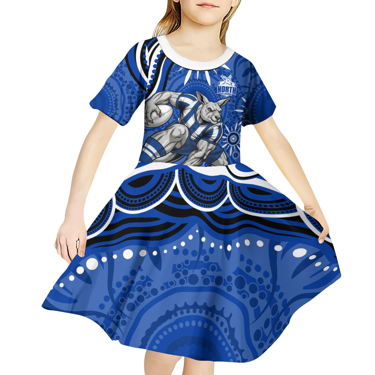 Personalized North Melbourne Kangaroos Footy Mascot Kid Short Sleeve Dress Aboriginal Dot Art - Dreamtime Football Mascot