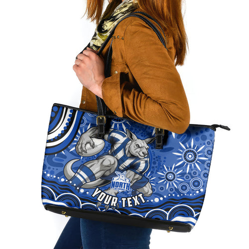 Personalized North Melbourne Kangaroos Footy Mascot Leather Tote Bag Aboriginal Dot Art - Dreamtime Football Mascot