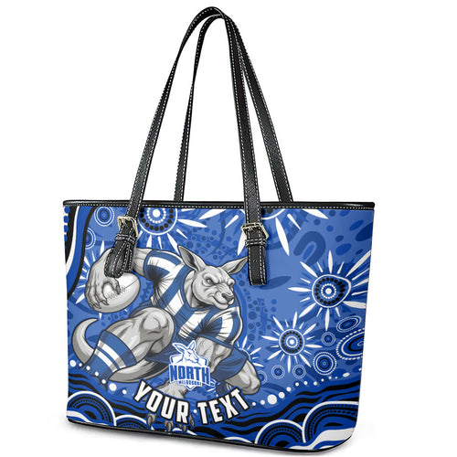 Personalized North Melbourne Kangaroos Footy Mascot Leather Tote Bag Aboriginal Dot Art - Dreamtime Football Mascot