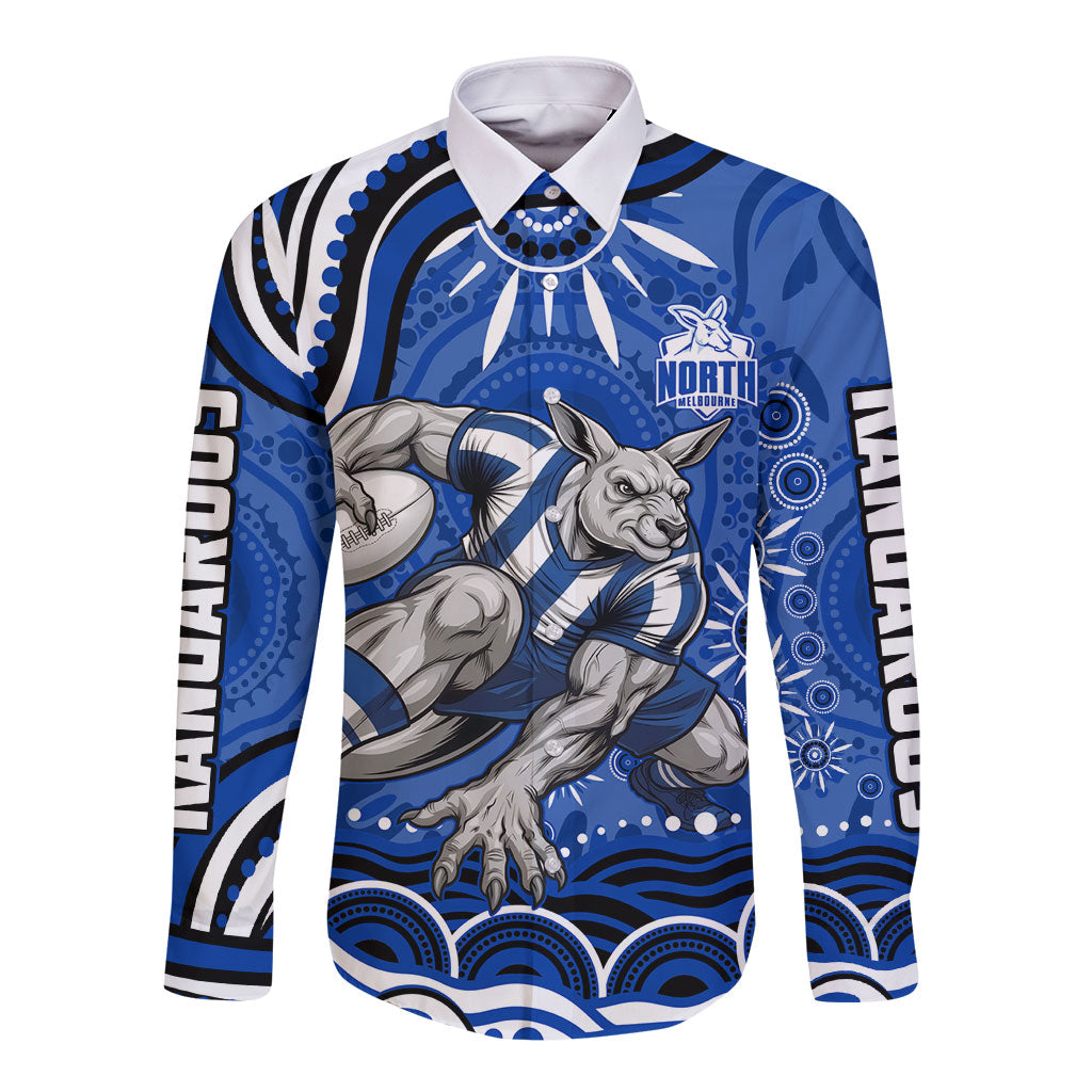 Personalized North Melbourne Kangaroos Footy Mascot Long Sleeve Button Shirt Aboriginal Dot Art - Dreamtime Football Mascot